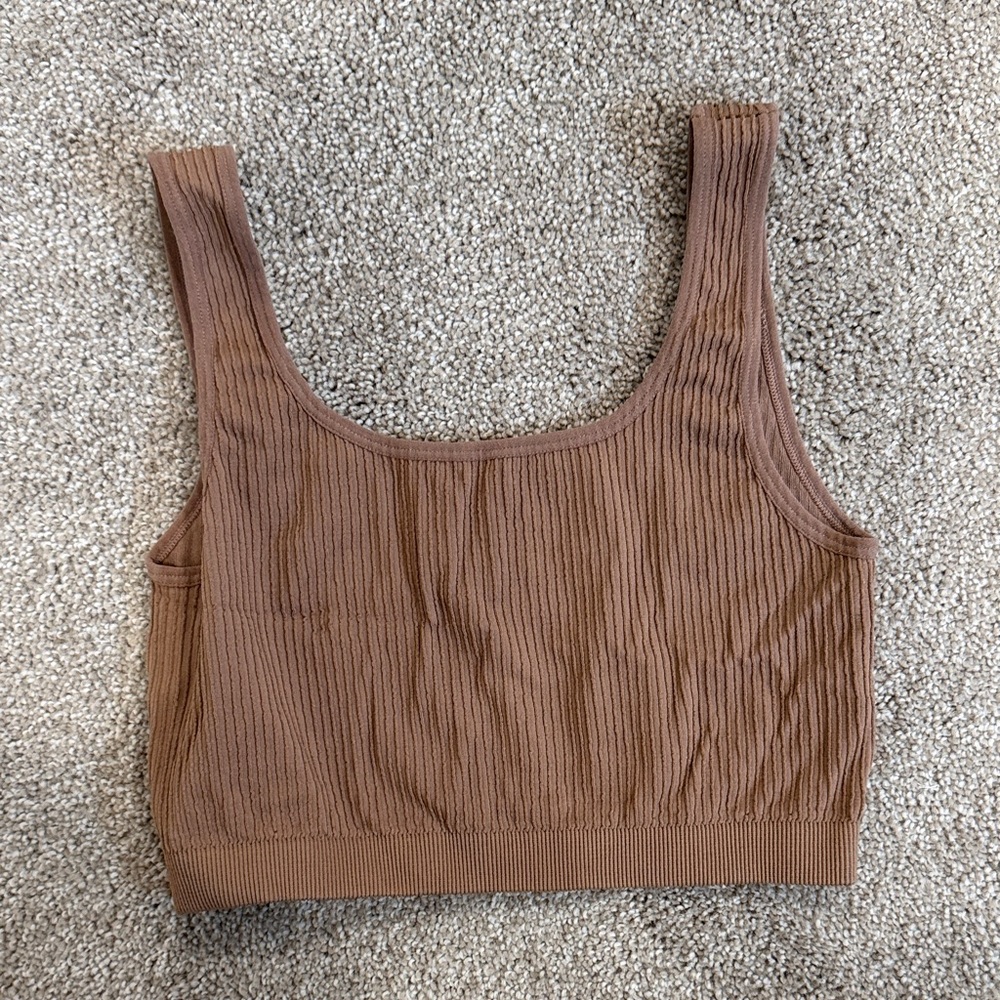 RD Style Ribbed Scoop Neck Crop Tank Top - Brown